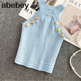 Summer New Hollow Out Womens Tank Tops Thin Knitted Sleeveless Sexy Tops Golden Buttons Camisole Women