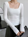 square-neck t-shirt women's slim-fit exposed collarbone low-neck short top bottoming shirt-Outfit