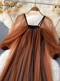 Lantern Sleeve Style Square Collar Net Dress Femininity Tea Break Skirt Warm And Long Fairy Skirt-Outfit