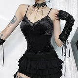 Dark Velvet Lace Sling 2023 Fall New Sexy Spicy Girl Spliced Blouse Girl-Outfit