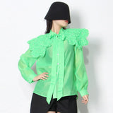 Solid Shirt For Women Peter Pan Collar Long Sleeve Lace Up Bowknot Button Through Blouse Female Clothing Style