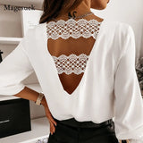 Back V-shaped Hollow Lace Stitching Pullover White Blouse Fashion Sexy V-neck Autumn and Winter Long-sleeved Shirt