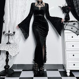 Autumn Style New Style Slim Velvet Dress With Dark Goth Horn Sleeves Tied With Forks-Outfit