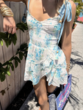 Sexy Mini Dress 2023 New Chic Slim Beach Vacation Embroidered Straps Beaded Print Ruffle Short Strap Dress