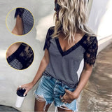 Splicing Striped Striped T Shirt V-neck Women Lace Sleeve Tops Tee Shirts 2021 2022 Summer Sexy Short Sleeve Female