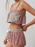Women Pajamas Sets 2 Pieces Loungewear Suits Plaid Print Camis Cropped Tank Tops Drawstring Shorts Sleepwear Outfits-Outfit