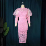Lace Perspective Bubble Sleeve Seven-Sleeve Body-Repight Party Dress Dress Girl Party