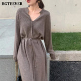 Vintage Women Knitted Dress Autumn Winter Brief V-neck Warm Drawstring Lace-up Loose Midi Female Sweater Dress