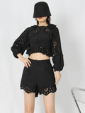 TWOTWINSTYLE Loose Two Piece Set Womens Round Neck Long Sleeve Backless Shirt High Waist Short Pants Solid Sets Female