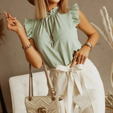 Hollow Out Design Bow Ruffle Women Blouse Plus Size 3XL Solid Pleated Butterfly Sleeve Ladies Blouses Summer