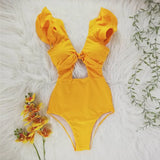 New Print Swimwear Deep V-Neck Ruffle Swimsuit Push Up One Piece Swimsuit Beach Wear Backless