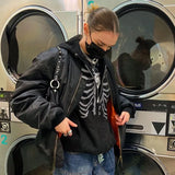 Gothic Black Hoodie y2k Women's Rhinestone Skull Casual Oversized Sweatshirt Punk E-girl Harajuku Long Sleeve