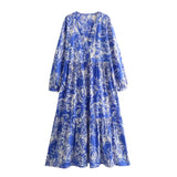 Spring Printed V-Collar Stitched Long-Sleeved Dress 9878093-Outfit