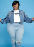 Plus Size Fashion Beaded Blue Turn Down Collar Long Sleeve Jeans