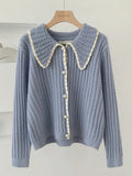 Turn-Down Collar knit Sweater Cardigan Women Long Sleeve Pearl Button Up Y2K Casual Casual Warm 2021 Autumn