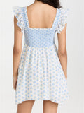 White Blue Flower Print Ruffle Strap Mini Dress V neck Ruched Elastic Chest Corset Sleeveless Short Tank Robe Holiday Woman-Outfit