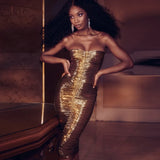 Sexy Off Shoulder Golden Wrap Dresses Women Chistmas Sleeveless Bodycon Dress Elegant Ladies Ruched Knee Dresses