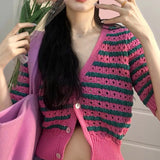 Women's Button Down Sweater Crop Tops, Elegant Sexy Hollow Out Short Sleeve V Neck Striped Print Knit Cardigan Women's Clothing-Outfit