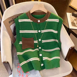 Neck Knitted Cardigan Vest Women's Loose Impact Color Pocket Striped Vest A Variety Of Small Shoulder Sweaters Leisure Jackets-Outfit
