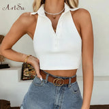 2020 Summer Tank Top Women Sexy Halter Vest Crop Top New Knitted Backless Button White Crop Tops Ropa Mujer