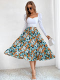 Printed Modest High Waist Elastic Waist Print Midi A-Line