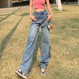 Small Flower Jeans Women Hit The Color Leather Standard High Waist Pendant Feeling Broad Legs Loose 100 Straight Tube Floor Trousers-Outfit