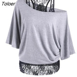 Spring Autumn Women Tshirt Fashion Lace Patchwork Basic T-shirts Casual Loose T Shirts Batwing Sleeve Tops