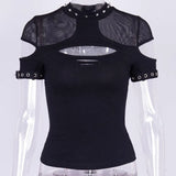 Knitted Gothic Vintage Hollowed-Out Short-Sleeved T-Shirt Spring Ins Dark Style Slim Blouse-Outfit