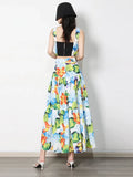 TWOTWINSTYLE Print Two Piece Set Womens Square Collar Sleeveless Tops High Waist Midi Skirts Colorblock Sets Female Clothing