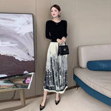 Women's Knitted Patchwork Printing Pleated Dress Autumn Fashion Long Sleeve O Neck Belt Midi