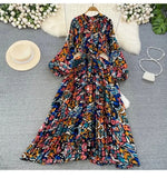 Quality Light Extravagant Lantern Long Sleeved Round Collar Waist Slim Single Breasted Printed Dress Elegant Long Skirt-Outfit
