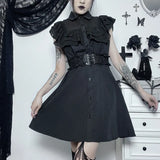 Temperament Lotus Leaf Edge Waist Polo Collar Dress Dark Fashion Leisure Commuter Black Skirt Children-Outfit