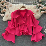 Spring Autumn Women Irregular Ruffle Draped Tops Female Elegant V-Neck Flare Long Sleeve Short Tops Vintage Blouse New Blusas 618-1-Outfit