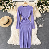 Women Autumn Knitted Dress Long Sleeve O Neck Elastic Slim Pencil Dress Korean Style Sexy Bodycon Sweater