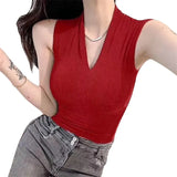 New Temperament V-Neck Sleeveless Thin Solid Threaded Vest Small Woman Body Inside The Coat