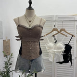 Irregular Lace Splicing Hem With Lotus Slings With Lotus Slings Waist Yarn Top