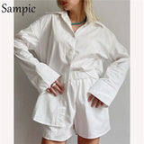 Casual Women Summer Long Sleeve Blouse Tracksuit Shorts Set Loose Tops And High Waisted Mini Shorts Two Piece Set