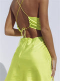Backless Lace Up Women Solid Satin Mini Dress Cut Out Sexy Party Club Streetwear 2023 Summer Halter Low Cut Vestidos-Outfit