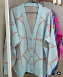 Free Shipping Women's Casual Oversized Cardigan Knitted 2022 Fall New V-Neck Lantern Long Sleeve Single-Breasted Printed