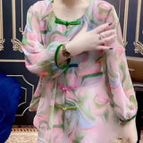 Folk Printed Blouse Female Clothing Commute Long Sleeve Spring Autumn Casual O-Neck Fashion Chinese Disc Buckle