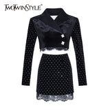 Polka Dot Two Piece Set For Women V Neck Long Sleeve Short Tops High Waist Skirt Patchwork Lace Sets Female