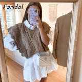 Foridol Knitted Sweater Vest Women Ruffle Vintage Sleeveless V Neck Brown Waistcoat Thick Autumn Winter Twist Vest Pullover