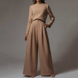 Solid 2 Piece Set Office Lady Spring O Neck Long Sleeve Tops +Long High Waist Pants Suit Tracksuit Sportswear Suit For