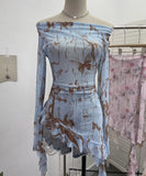 Purely Want A Word Shoulder Ink Print Tie-Dye Mesh Long-Sleeved Shirt Irregular Lotus Leaf Side Top
