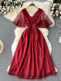 Women French Lace Dress Short Sleeve V Neck Elastic Ruched A-line Dresses 2022 Summer Elegant Streetwear Midi
