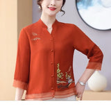 Women's Chiffon Half Sleeve V-Neck Flower Embroidered Pullover T-shirt Button Cardigan Casual Fashion Elegant Spring Summer Tops-Outfit