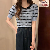 Ice Silk Striped Knitted Short-Sleeved T-Shirt For Women's 2025 Summer New High-Waisted Loose Bubble Sleeve Short