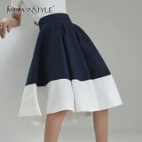 Elegant Colorblock Patchwork Long Skirts Females Korean Fashion Loose A Line Midi High-waisted Skirt For Women
