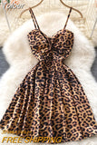 Twist V-neck Spaghetti Strap Mini Party Dress Women Leopard Print Sleeveless High Waist A-line Club Night Out Dress
