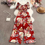 New Summer Women Slash neck off shoulder puff sleeve Jumpsuit elastic waist slim print wide leg Pants